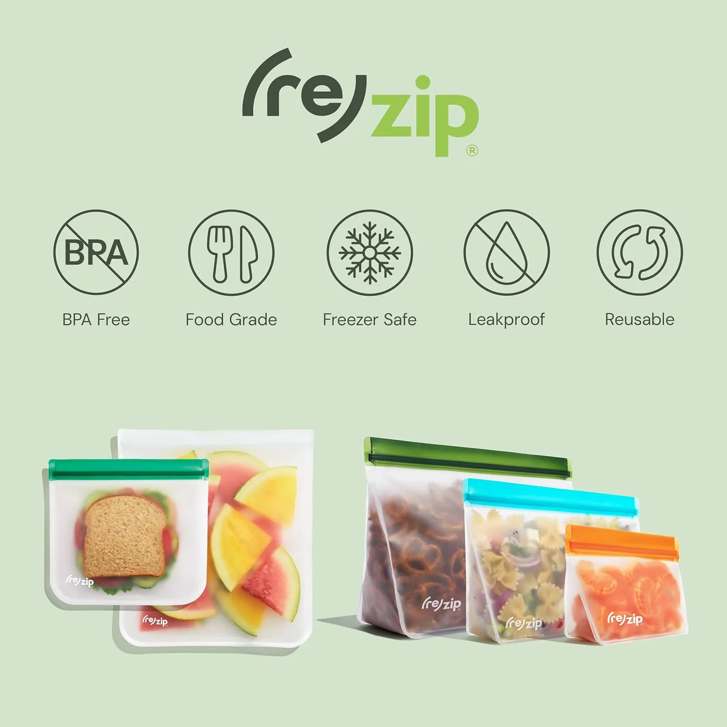 (re)zip 4-Piece Reusable Essential Bags Kit | BPA-Free, Leakproof, Food-Grade 100% Food-Safe PEVA, for Food Storage and Freezer Use, Travel Friendly | Includes 1 Gallon, 2 Lunch/Sandwich, 1 Snack Bags