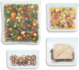 (re)zip 4-Piece Reusable Essential Bags Kit | BPA-Free, Leakproof, Food-Grade 100% Food-Safe PEVA, for Food Storage and Freezer Use, Travel Friendly | Includes 1 Gallon, 2 Lunch/Sandwich, 1 Snack Bags
