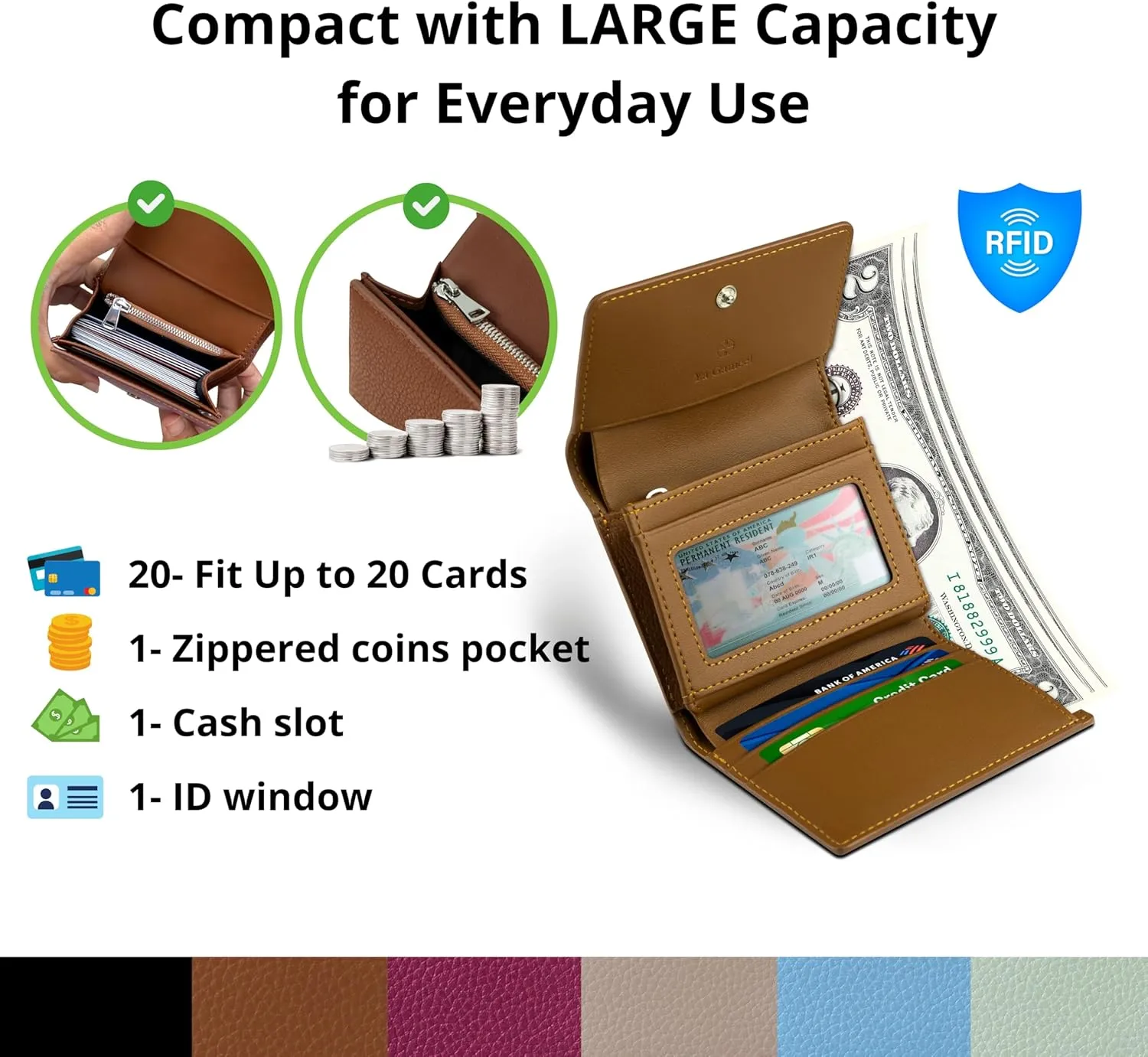 RFID-Blocking Women's Real Leather Wallet with Large Capacity and Wristlet - Small, Secure, and Chic - Conveniently Holds Cards, Cash, and Coins (All White - RFID Protected with Wristlet)