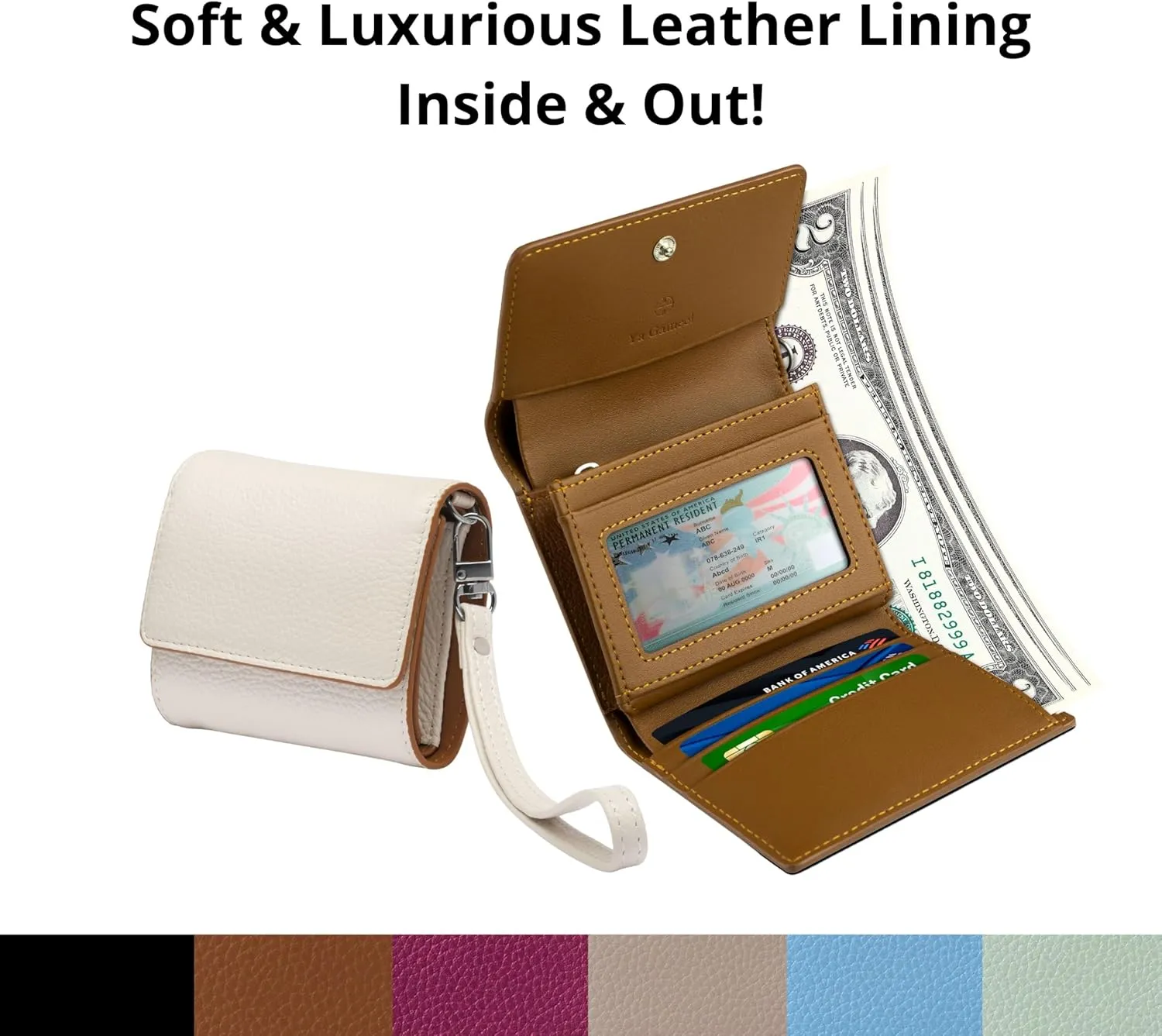 RFID-Blocking Women's Real Leather Wallet with Large Capacity and Wristlet - Small, Secure, and Chic - Conveniently Holds Cards, Cash, and Coins (All White - RFID Protected with Wristlet)
