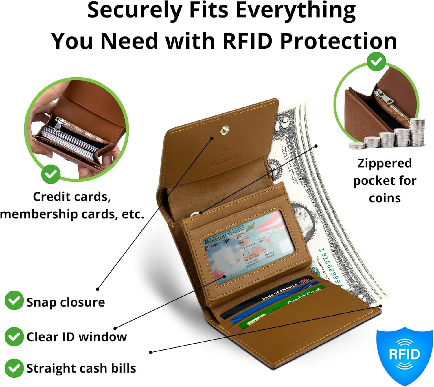 RFID-Blocking Women's Real Leather Wallet with Large Capacity and Wristlet - Small, Secure, and Chic - Conveniently Holds Cards, Cash, and Coins (All White - RFID Protected with Wristlet)