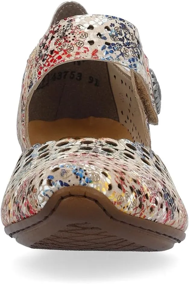 Rieker 43753 Mirjam Women's Mary Jane Heels - Low-Heel Leather Shoes with Adjustable Ankle Strap & Laser-Cut Design - Comfortable Women’s Heels for Casual & Dressy Wear