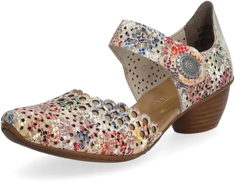 Rieker 43753 Mirjam Women's Mary Jane Heels - Low-Heel Leather Shoes with Adjustable Ankle Strap & Laser-Cut Design - Comfortable Women’s Heels for Casual & Dressy Wear