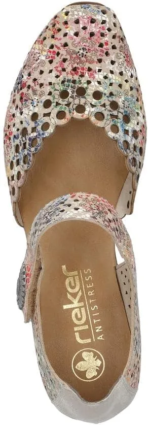 Rieker 43753 Mirjam Women's Mary Jane Heels - Low-Heel Leather Shoes with Adjustable Ankle Strap & Laser-Cut Design - Comfortable Women’s Heels for Casual & Dressy Wear