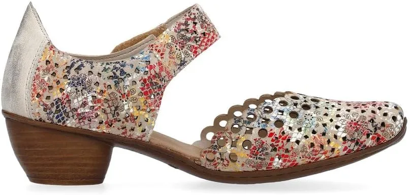 Rieker 43753 Mirjam Women's Mary Jane Heels - Low-Heel Leather Shoes with Adjustable Ankle Strap & Laser-Cut Design - Comfortable Women’s Heels for Casual & Dressy Wear