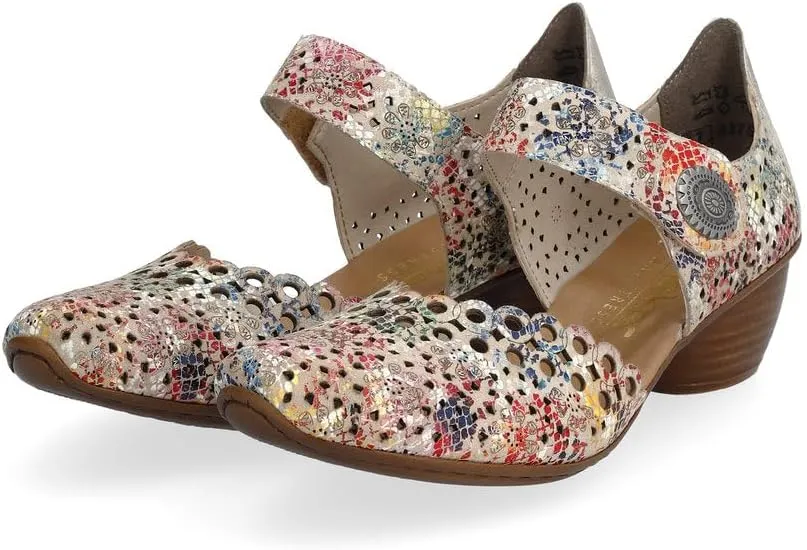 Rieker 43753 Mirjam Women's Mary Jane Heels - Low-Heel Leather Shoes with Adjustable Ankle Strap & Laser-Cut Design - Comfortable Women’s Heels for Casual & Dressy Wear