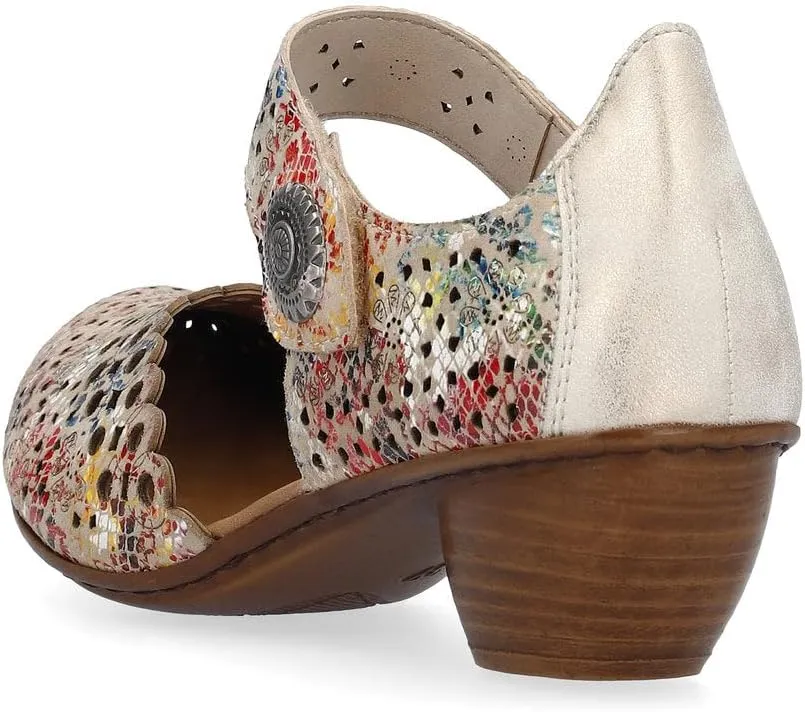 Rieker 43753 Mirjam Women's Mary Jane Heels - Low-Heel Leather Shoes with Adjustable Ankle Strap & Laser-Cut Design - Comfortable Women’s Heels for Casual & Dressy Wear