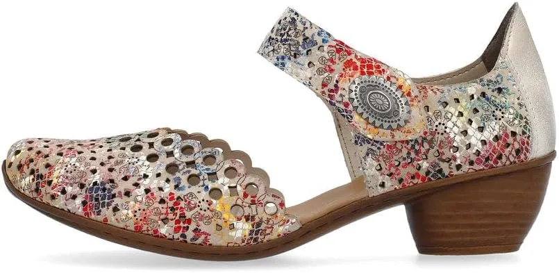 Rieker 43753 Mirjam Women's Mary Jane Heels - Low-Heel Leather Shoes with Adjustable Ankle Strap & Laser-Cut Design - Comfortable Women’s Heels for Casual & Dressy Wear