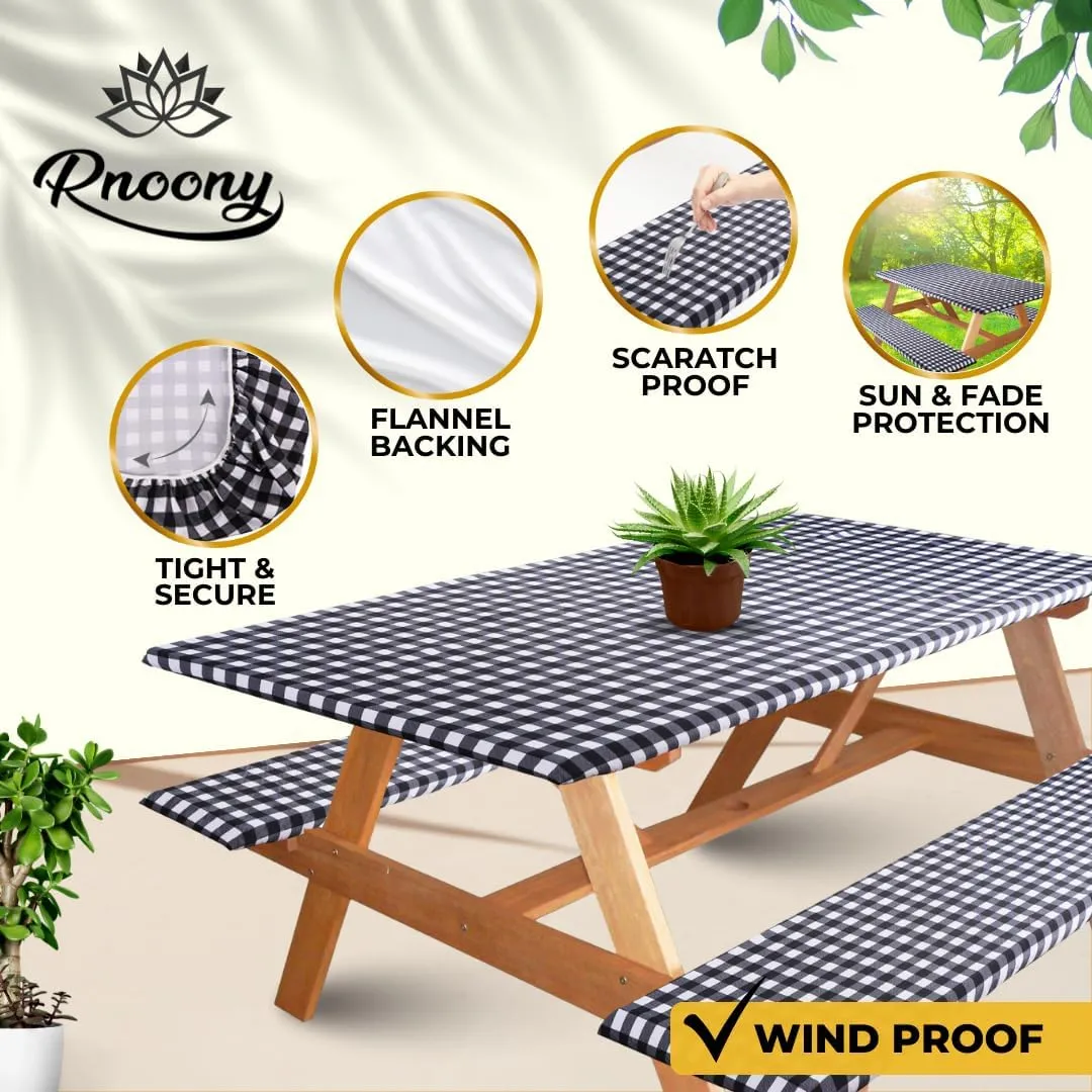 RNOONY 6ft Polyester Picnic Table Cover with Bench Covers Windproof & Waterproof Tablecloth, Perfect for Camping Gifts & RV Essentials, Cool Camping Gadgets with Carrying Bag, 72x30 Inches,4Pcs,Black