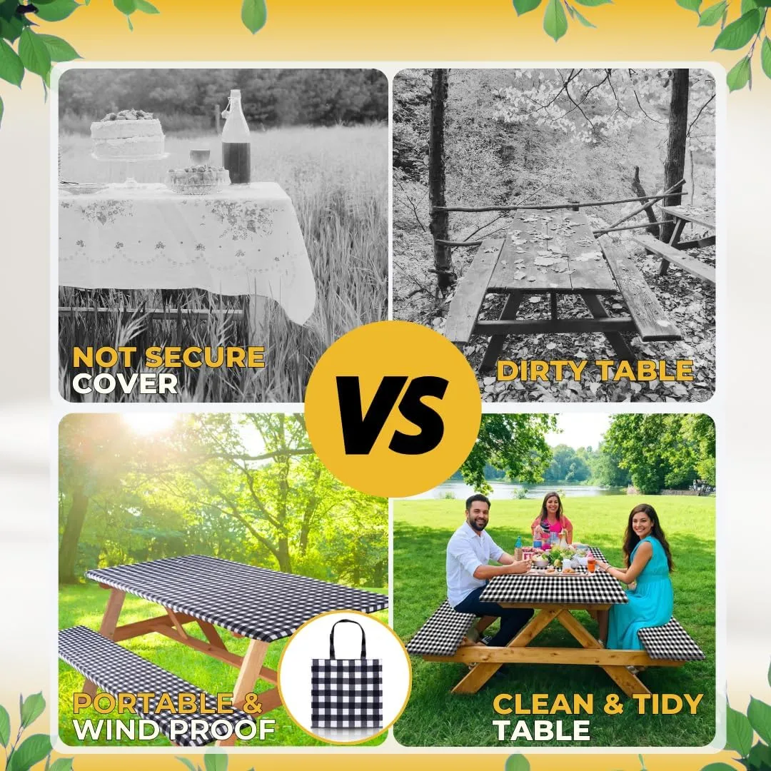 RNOONY 6ft Polyester Picnic Table Cover with Bench Covers Windproof & Waterproof Tablecloth, Perfect for Camping Gifts & RV Essentials, Cool Camping Gadgets with Carrying Bag, 72x30 Inches,4Pcs,Black
