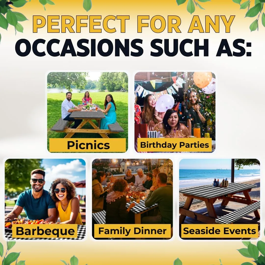 RNOONY 6ft Polyester Picnic Table Cover with Bench Covers Windproof & Waterproof Tablecloth, Perfect for Camping Gifts & RV Essentials, Cool Camping Gadgets with Carrying Bag, 72x30 Inches,4Pcs,Black