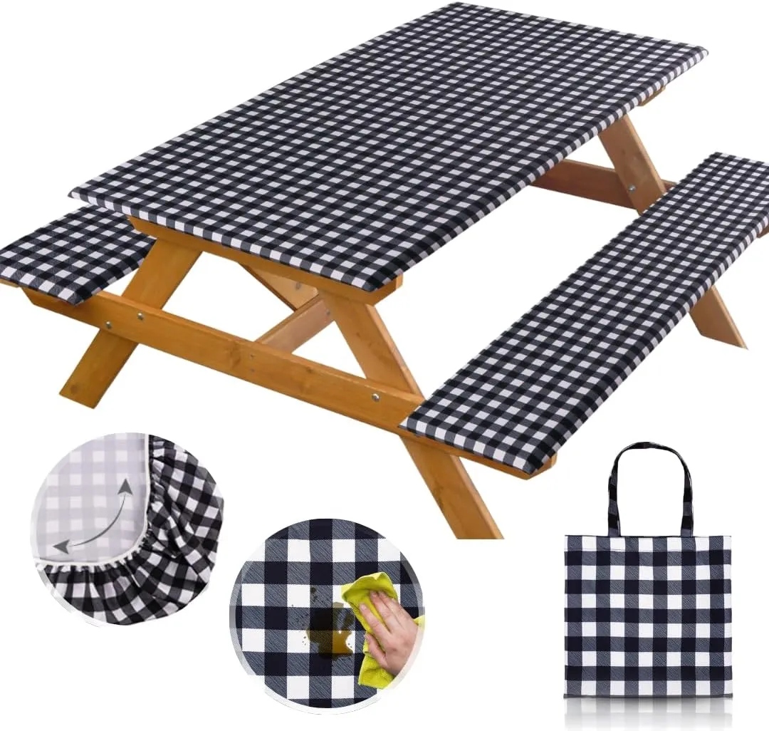 RNOONY 6ft Polyester Picnic Table Cover with Bench Covers Windproof & Waterproof Tablecloth, Perfect for Camping Gifts & RV Essentials, Cool Camping Gadgets with Carrying Bag, 72x30 Inches,4Pcs,Black