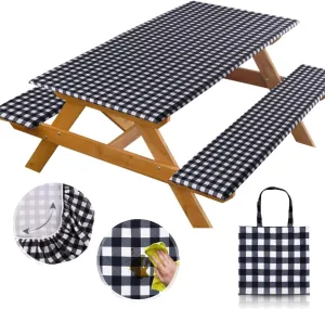 RNOONY 6ft Polyester Picnic Table Cover with Bench Covers Windproof & Waterproof Tablecloth, Perfect for Camping Gifts & RV Essentials, Cool Camping Gadgets with Carrying Bag, 72x30 Inches,4Pcs,Black