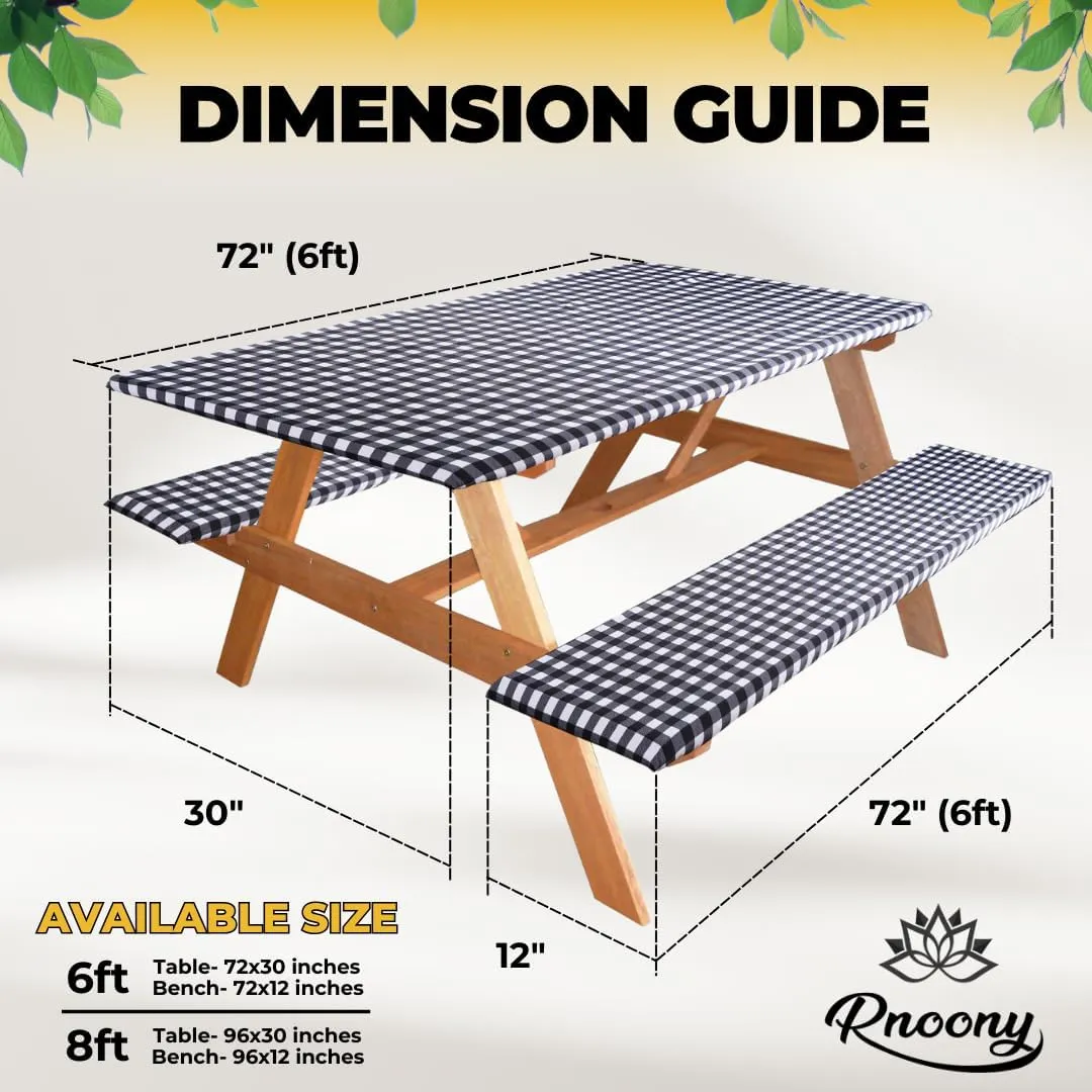 RNOONY 6ft Polyester Picnic Table Cover with Bench Covers Windproof & Waterproof Tablecloth, Perfect for Camping Gifts & RV Essentials, Cool Camping Gadgets with Carrying Bag, 72x30 Inches,4Pcs,Black