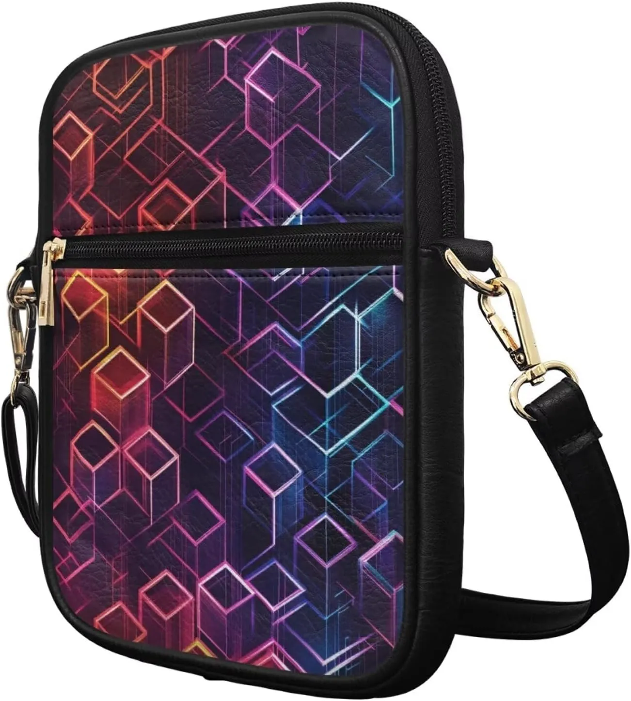 Rnyleeg Geometric Leather Messenger Bag for Women Men Crossbody Small Sling Bag with Adjustable Shoulder Strap
