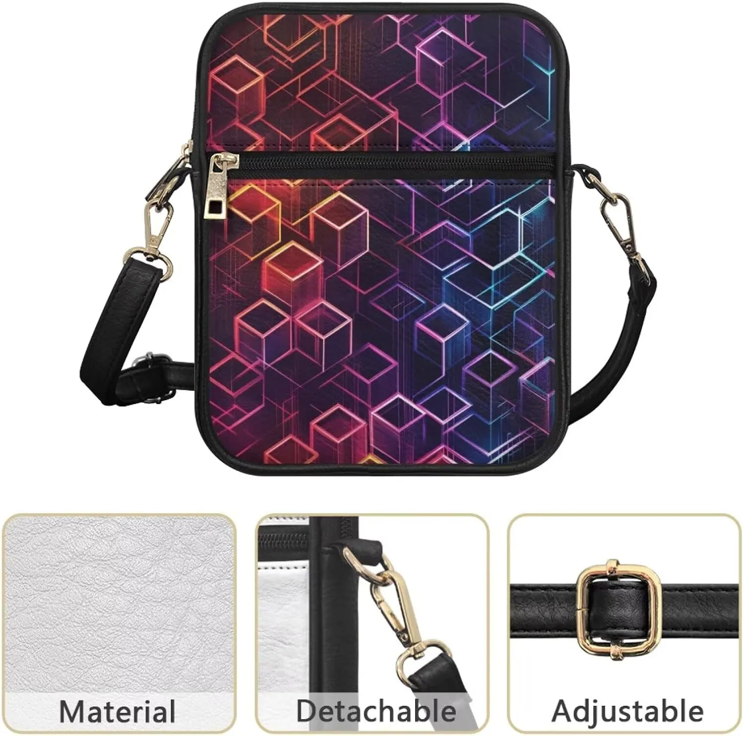 Rnyleeg Geometric Leather Messenger Bag for Women Men Crossbody Small Sling Bag with Adjustable Shoulder Strap