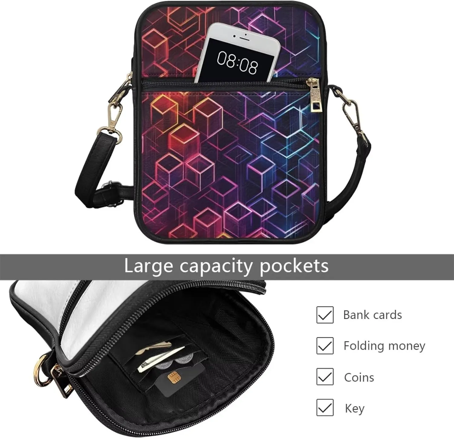Rnyleeg Geometric Leather Messenger Bag for Women Men Crossbody Small Sling Bag with Adjustable Shoulder Strap