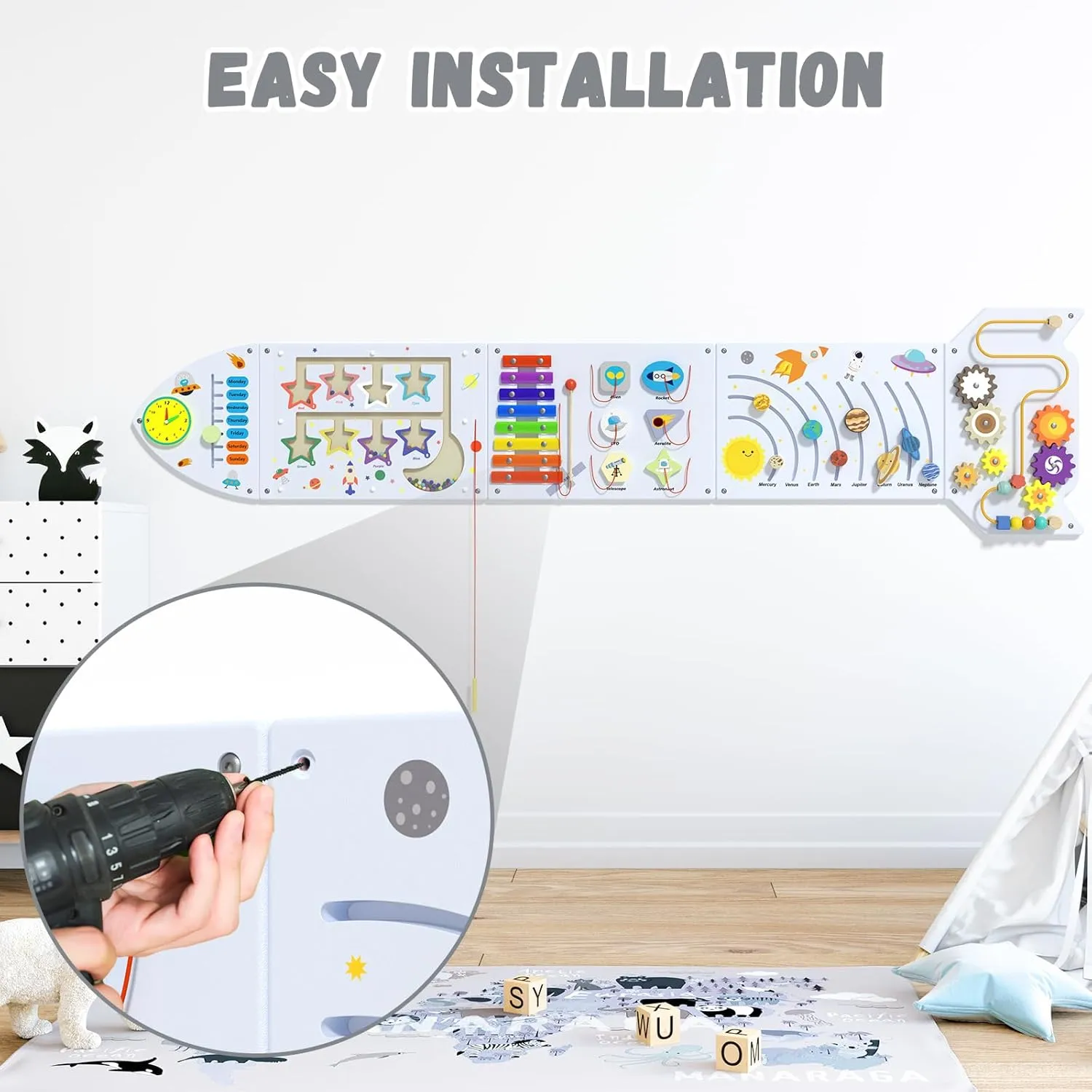 Rocket Activity Wall Busy Board Panels - Sensory Wall Panel for Kids, Montessori Toddler Wall Activity Board(5PCS)