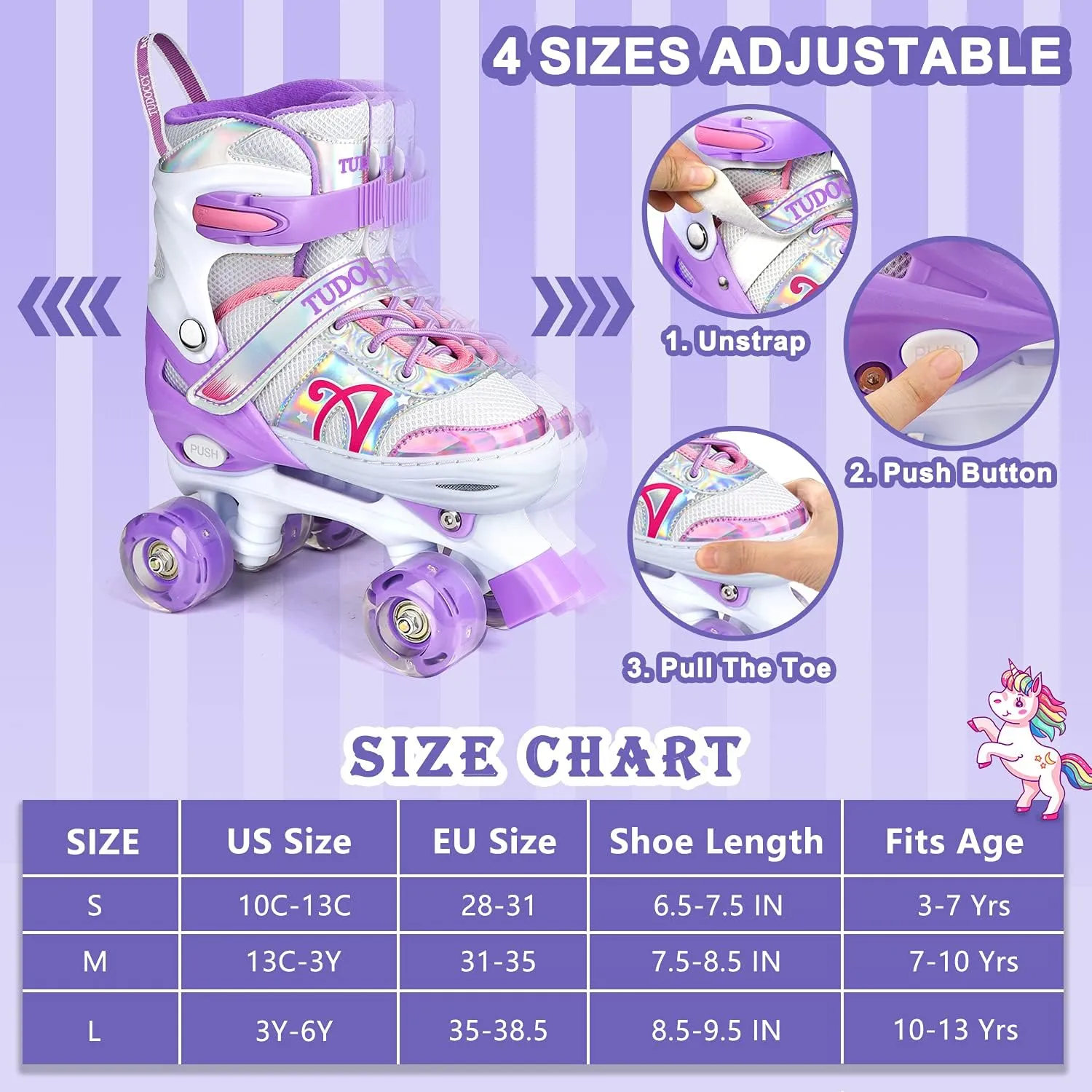 Roller Skates for Kids, Shine Skates 4 Size Adjustable Roller Skates with Light up Wheels for Girls, Teens, Outdoor Rollerskates for Beginners & Advanced | Purple, S - J10-J13, M - J13-3, L - 3-6