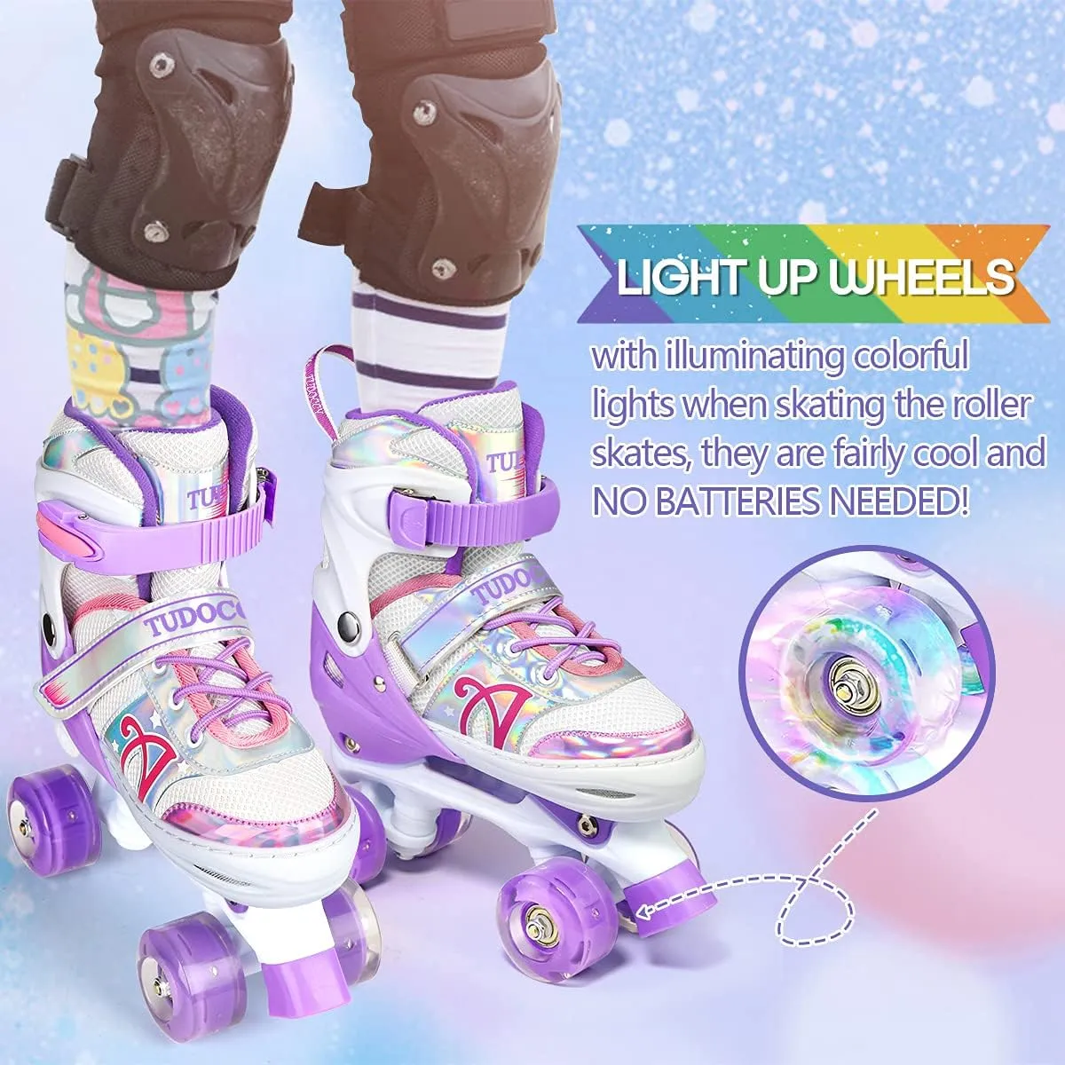 Roller Skates for Kids, Shine Skates 4 Size Adjustable Roller Skates with Light up Wheels for Girls, Teens, Outdoor Rollerskates for Beginners & Advanced | Purple, S - J10-J13, M - J13-3, L - 3-6