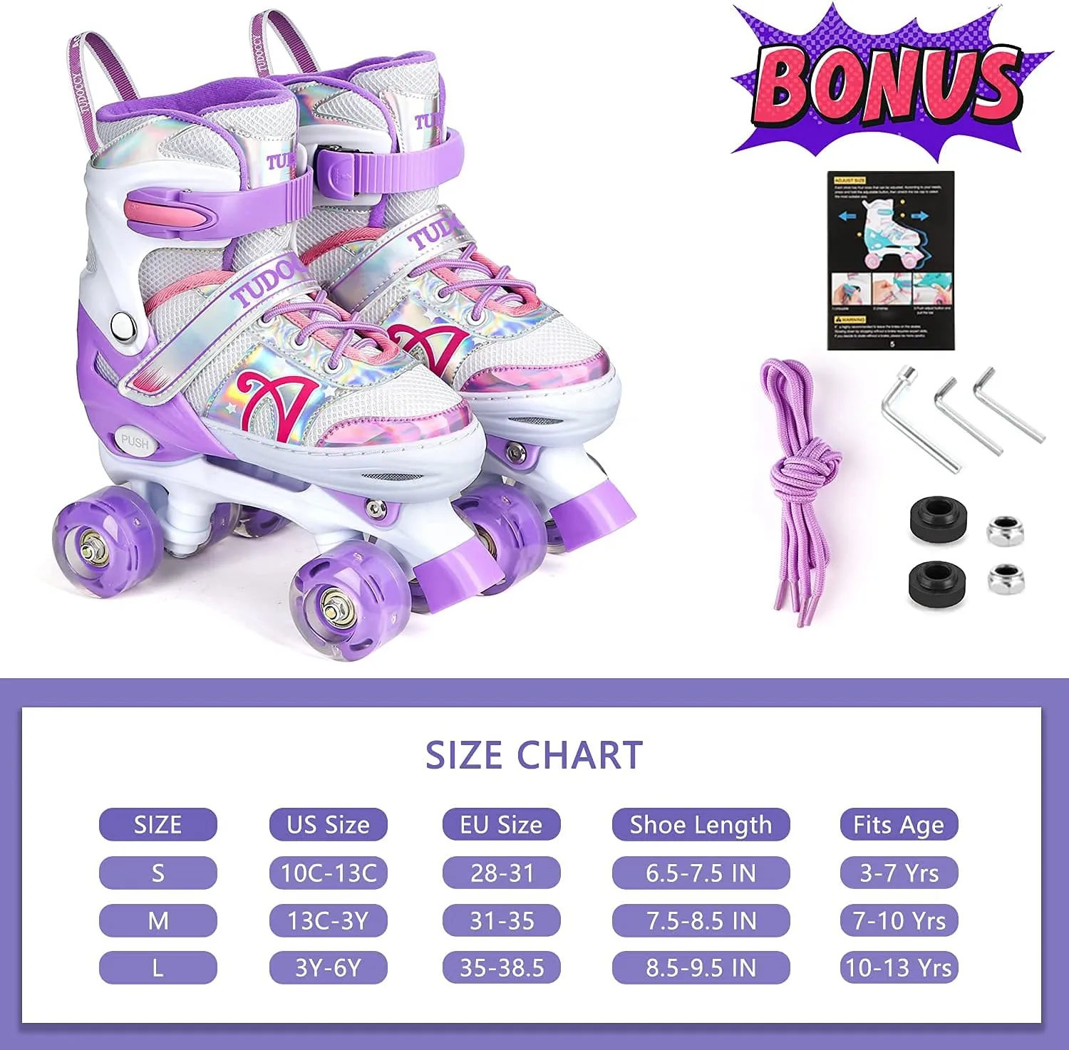 Roller Skates for Kids, Shine Skates 4 Size Adjustable Roller Skates with Light up Wheels for Girls, Teens, Outdoor Rollerskates for Beginners & Advanced | Purple, S - J10-J13, M - J13-3, L - 3-6