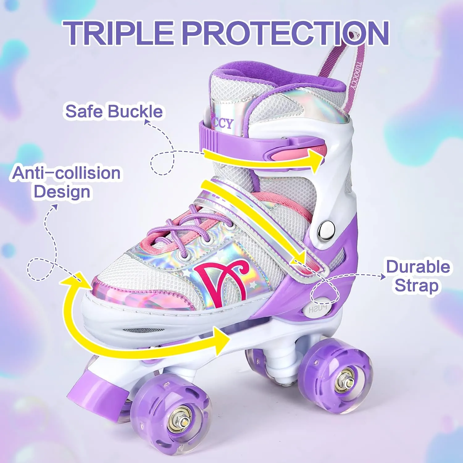 Roller Skates for Kids, Shine Skates 4 Size Adjustable Roller Skates with Light up Wheels for Girls, Teens, Outdoor Rollerskates for Beginners & Advanced | Purple, S - J10-J13, M - J13-3, L - 3-6