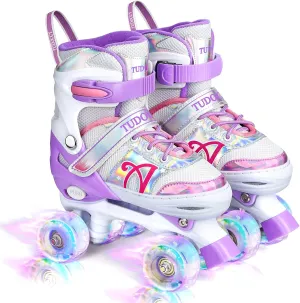 Roller Skates for Kids, Shine Skates 4 Size Adjustable Roller Skates with Light up Wheels for Girls, Teens, Outdoor Rollerskates for Beginners & Advanced | Purple, S - J10-J13, M - J13-3, L - 3-6