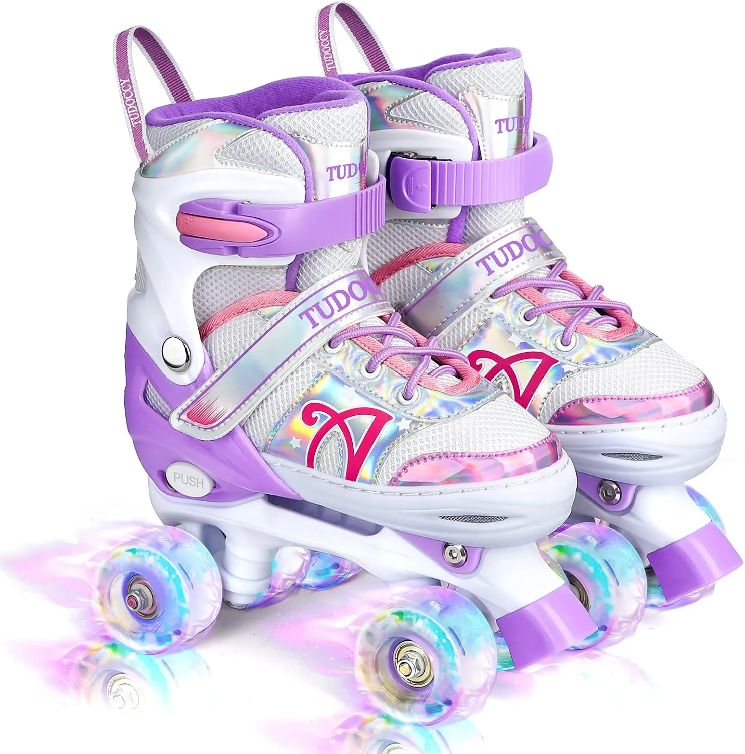 Roller Skates for Kids, Shine Skates 4 Size Adjustable Roller Skates with Light up Wheels for Girls, Teens, Outdoor Rollerskates for Beginners & Advanced | Purple, S - J10-J13, M - J13-3, L - 3-6