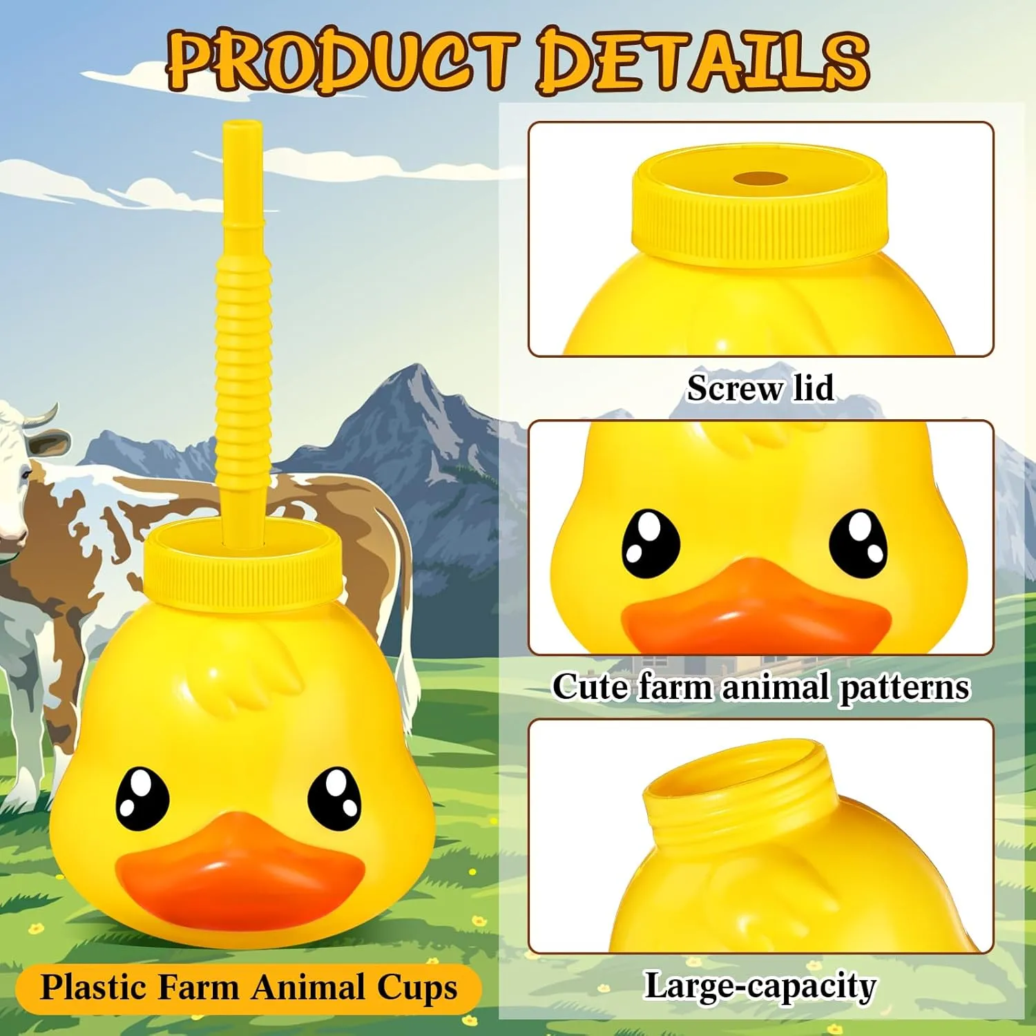 Roshtia 12 Set Farm Animal Cups with Straws and Lids 11 oz Plastic Reusable Animal Themed Cups Cute Sippy Cups for Kids Birthday Farm Theme Party Favor Supplies(Duck)