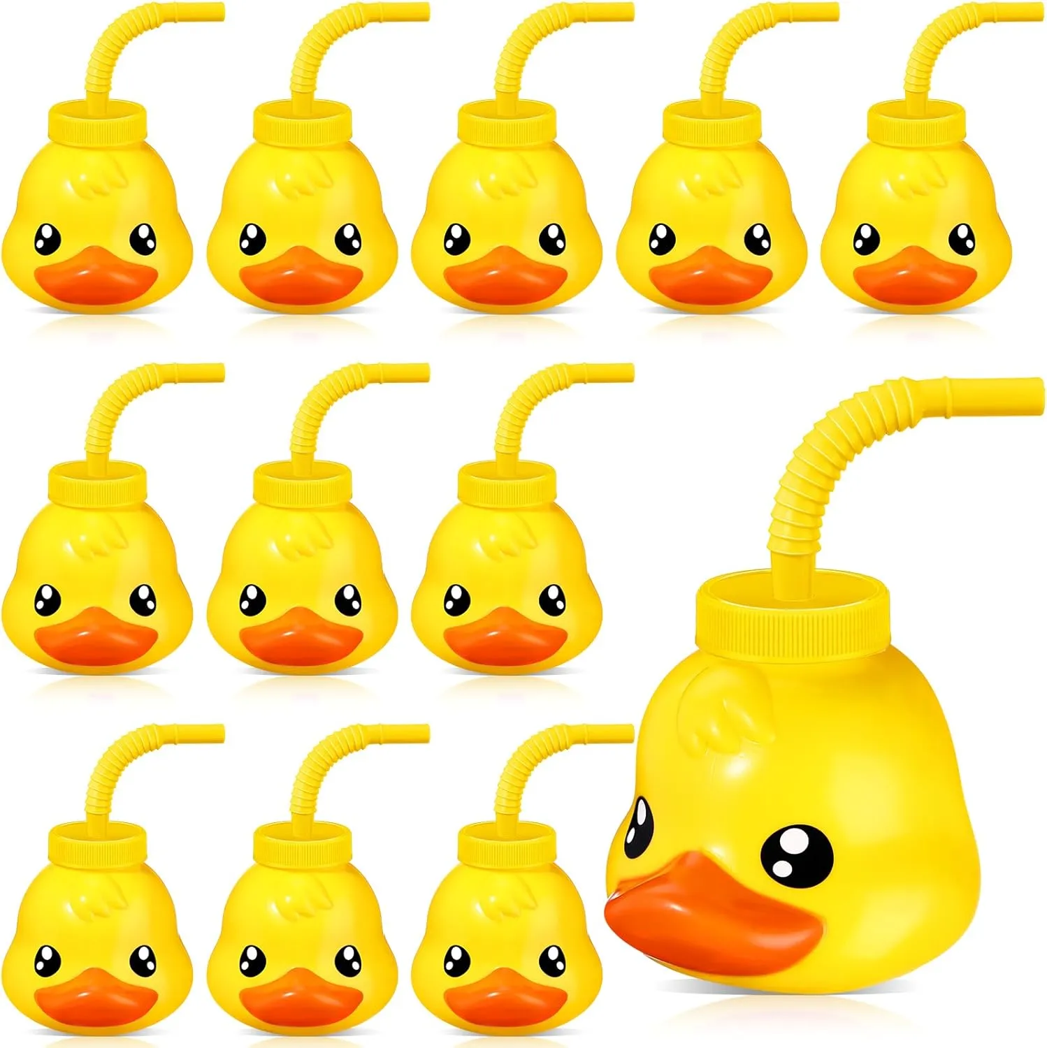 Roshtia 12 Set Farm Animal Cups with Straws and Lids 11 oz Plastic Reusable Animal Themed Cups Cute Sippy Cups for Kids Birthday Farm Theme Party Favor Supplies(Duck)