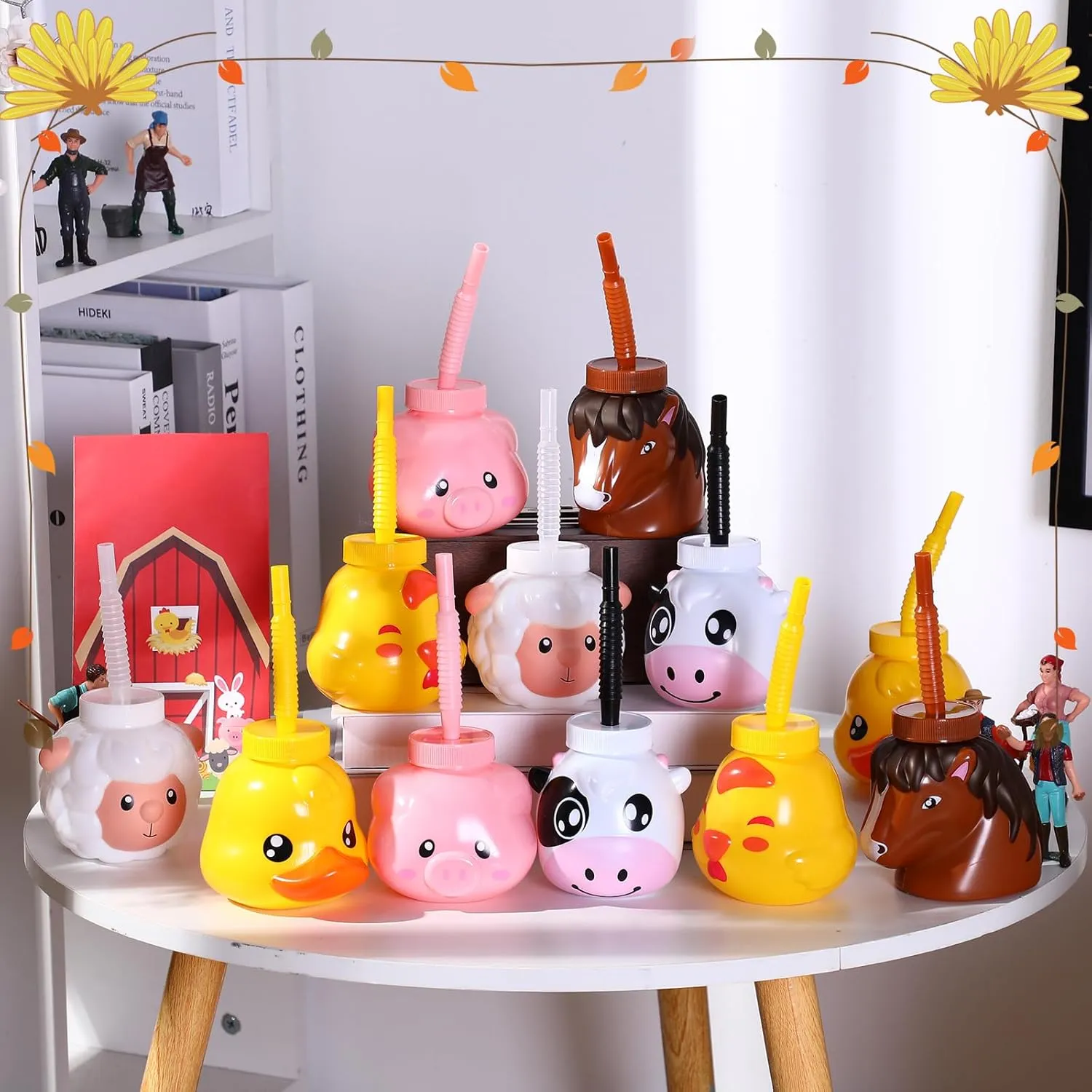 Roshtia 12 Set Farm Animal Cups with Straws and Lids 11 oz Plastic Reusable Animal Themed Cups Cute Sippy Cups for Kids Birthday Farm Theme Party Favor Supplies(Duck)