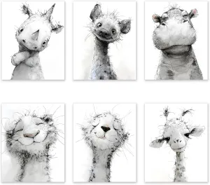 RoyoLam Cartoon Animal Canvas Wall Art Prints - Set of 6 Unframed 8x10 Inches, African Safari Nursery Decor for Kids Room and Playroom