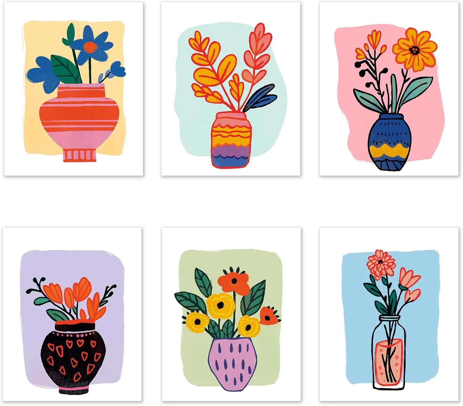 RoyoLam Flower Vase Canvas Wall Art Prints - Set of 6 Unframed 8x10 Inches, Matisse Style Illustrations Plant Nursery Decor for Kids Room and Playroom