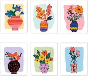 RoyoLam Flower Vase Canvas Wall Art Prints - Set of 6 Unframed 8x10 Inches, Matisse Style Illustrations Plant Nursery Decor for Kids Room and Playroom