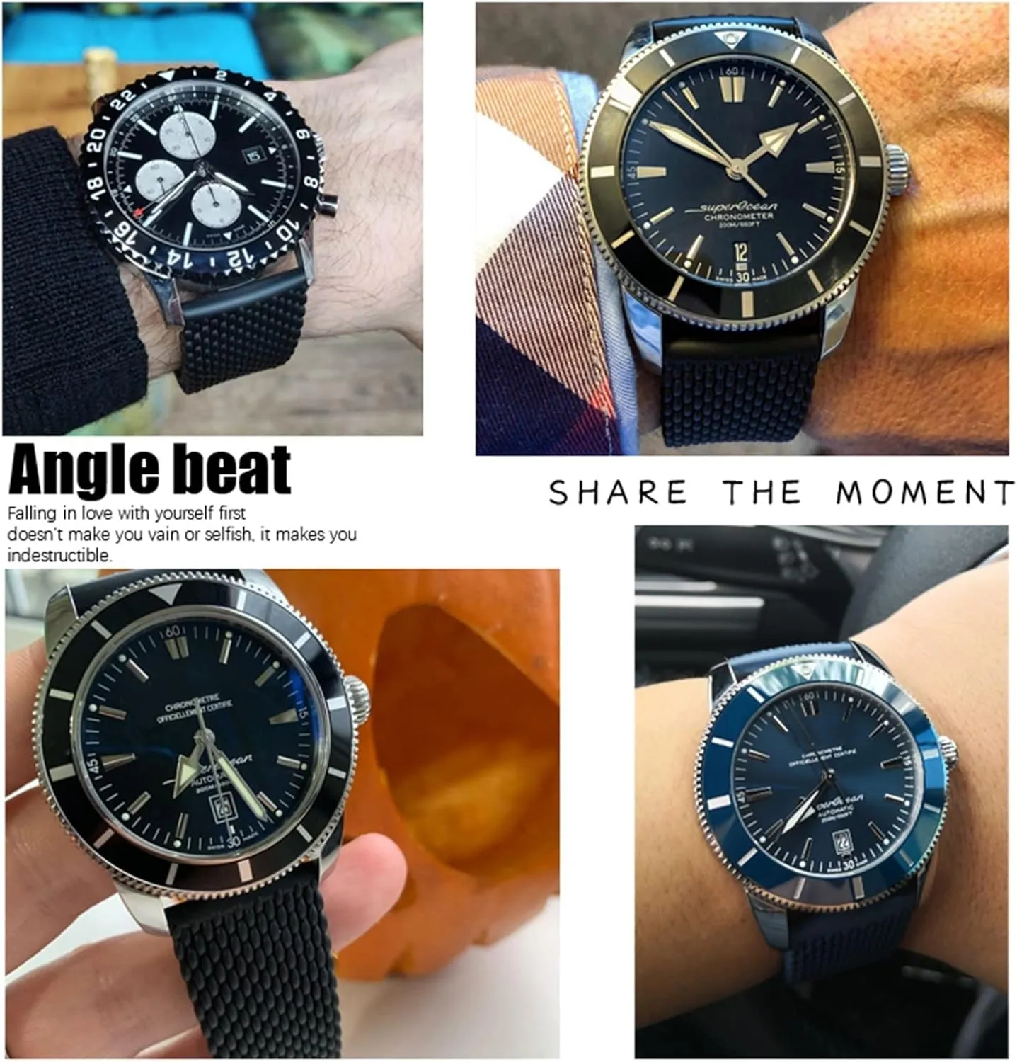 Rubber Watchband 22Mm 24Mm for Superocean Heritage Avenger Challenger Woven Silicone Waterproof Soft Watch Strap/Blue Black Letters/22Mm