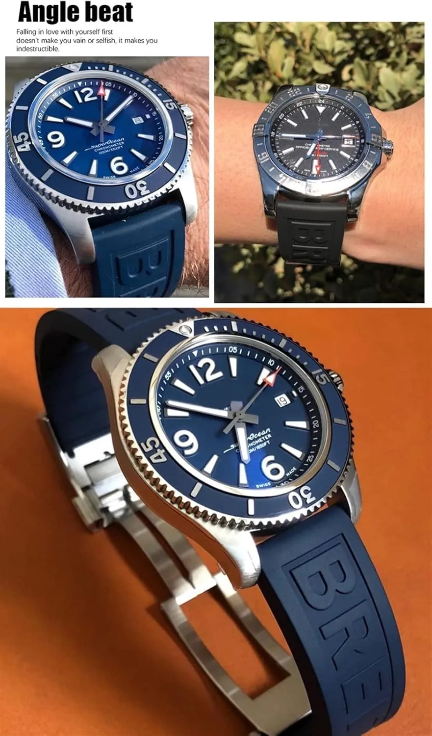 Rubber Watchband 22Mm 24Mm for Superocean Heritage Avenger Challenger Woven Silicone Waterproof Soft Watch Strap/Blue Black Letters/22Mm