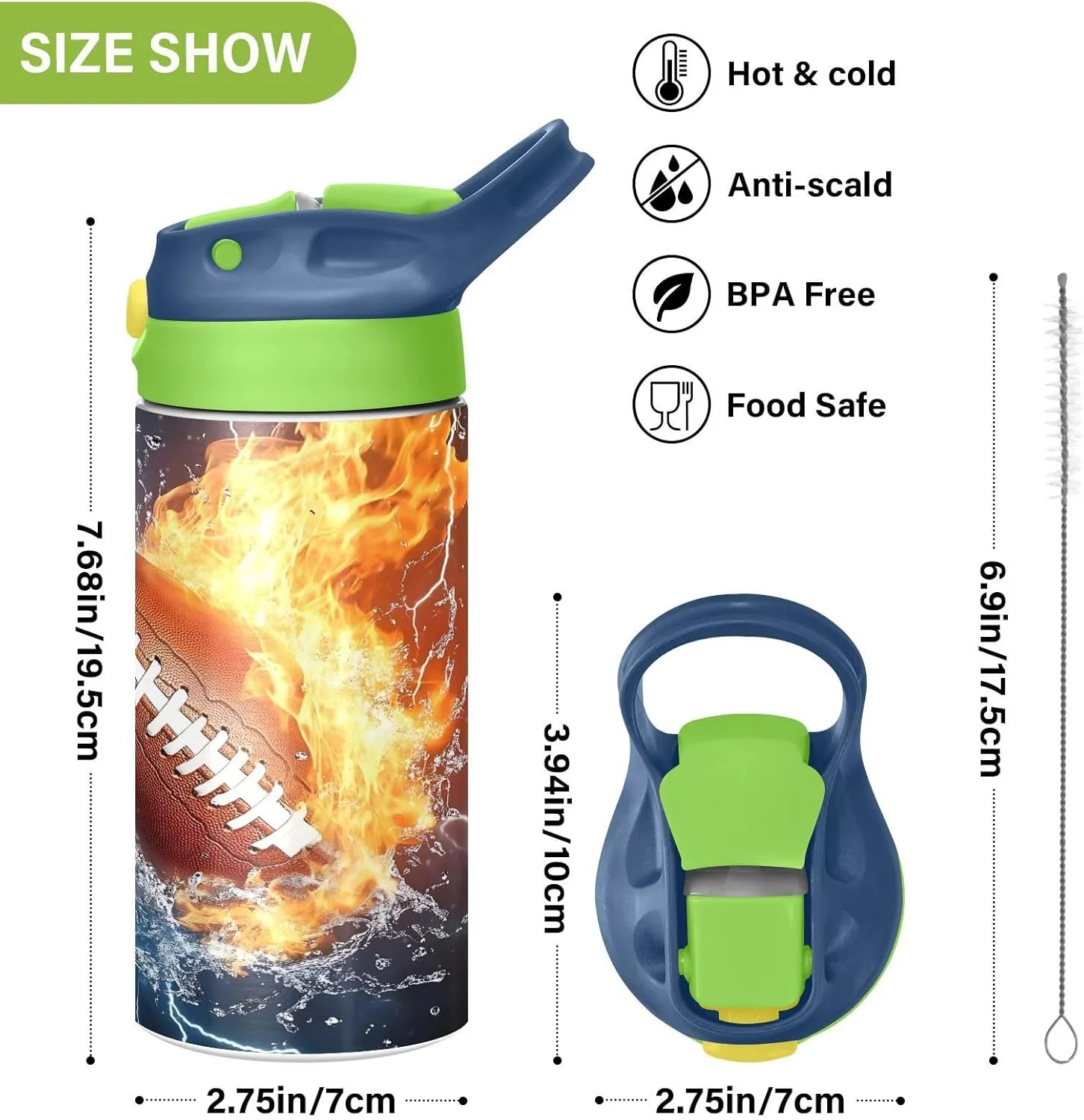 Rugby Football Fire Lightning Kids Water Bottle with Straw Lid Insulated Tumbler with Handle Stainless Steel Reusable Toddlers Cup for Kids Boys 12 oz