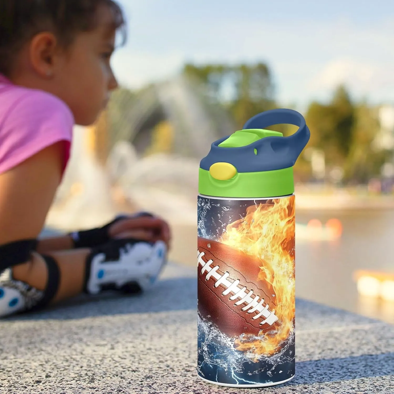 Rugby Football Fire Lightning Kids Water Bottle with Straw Lid Insulated Tumbler with Handle Stainless Steel Reusable Toddlers Cup for Kids Boys 12 oz