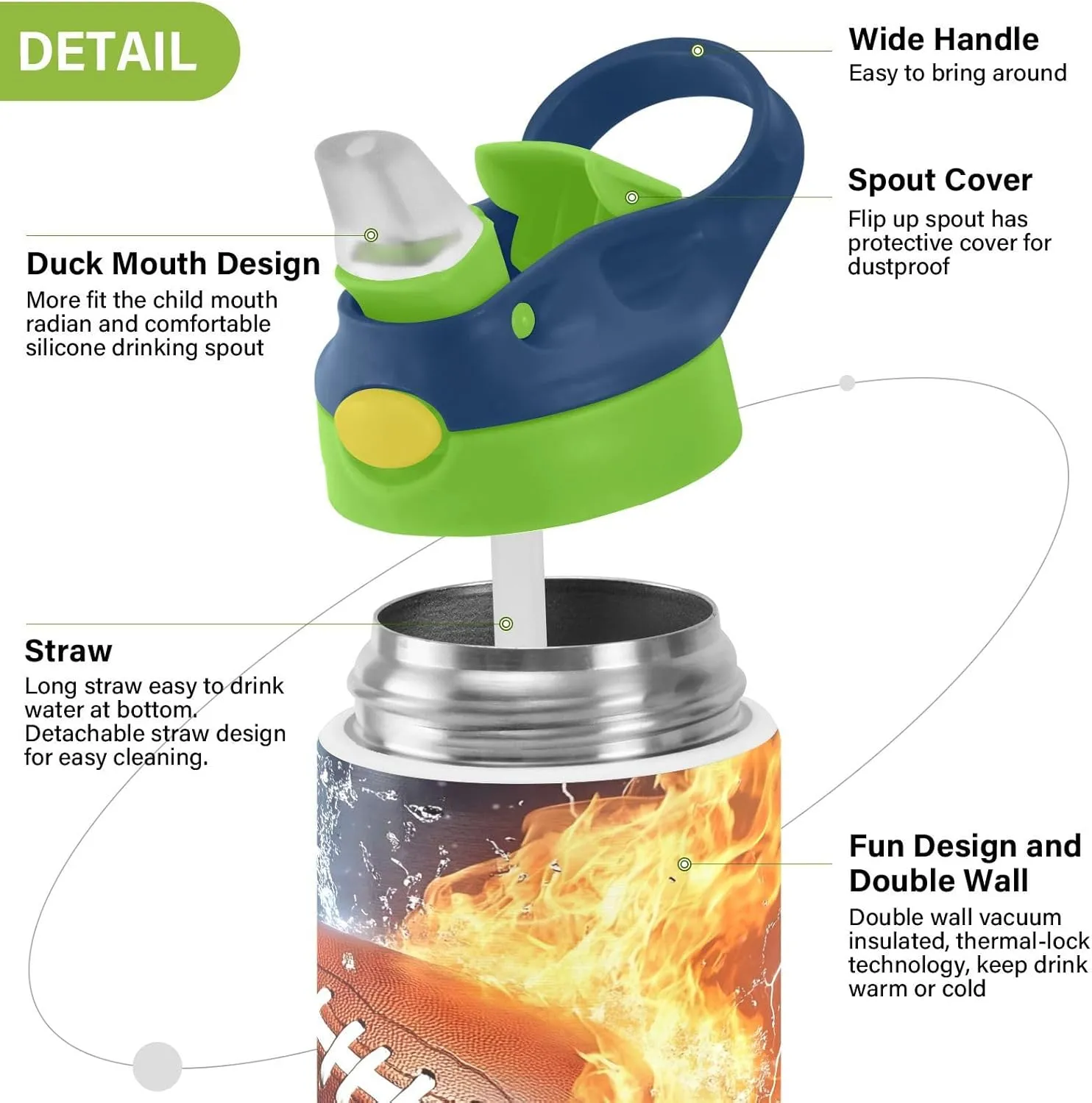 Rugby Football Fire Lightning Kids Water Bottle with Straw Lid Insulated Tumbler with Handle Stainless Steel Reusable Toddlers Cup for Kids Boys 12 oz
