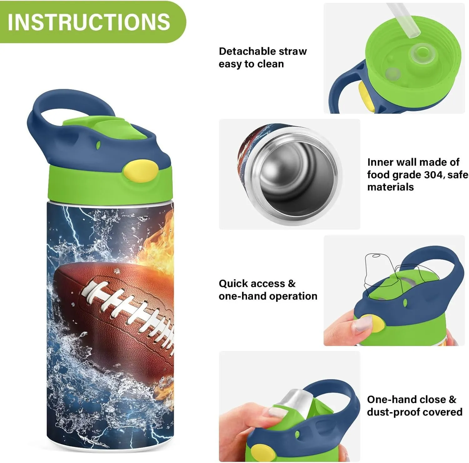 Rugby Football Fire Lightning Kids Water Bottle with Straw Lid Insulated Tumbler with Handle Stainless Steel Reusable Toddlers Cup for Kids Boys 12 oz