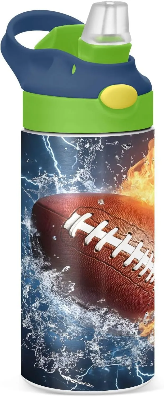Rugby Football Fire Lightning Kids Water Bottle with Straw Lid Insulated Tumbler with Handle Stainless Steel Reusable Toddlers Cup for Kids Boys 12 oz