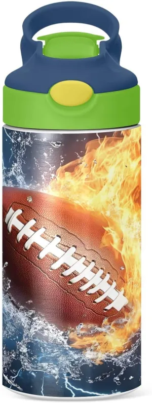 Rugby Football Fire Lightning Kids Water Bottle with Straw Lid Insulated Tumbler with Handle Stainless Steel Reusable Toddlers Cup for Kids Boys 12 oz