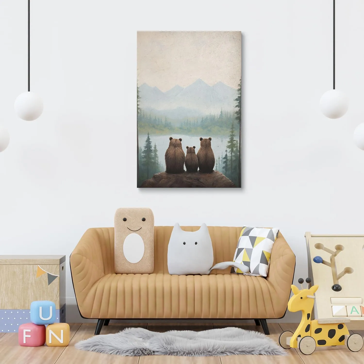 Rustic Bear Family Canvas Wall Art, Forest Animal Print, Woodland Nursery Wall Decor, Landscape Toddler Room Decor for Boy's Bedroom, Baby Girl's Room, Framed 12"x16"