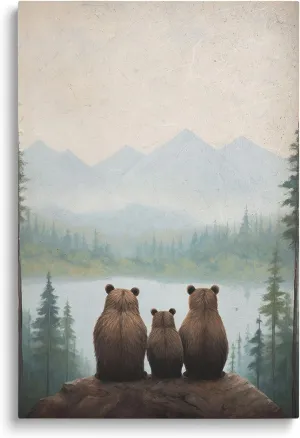 Rustic Bear Family Canvas Wall Art, Forest Animal Print, Woodland Nursery Wall Decor, Landscape Toddler Room Decor for Boy's Bedroom, Baby Girl's Room, Framed 12"x16"