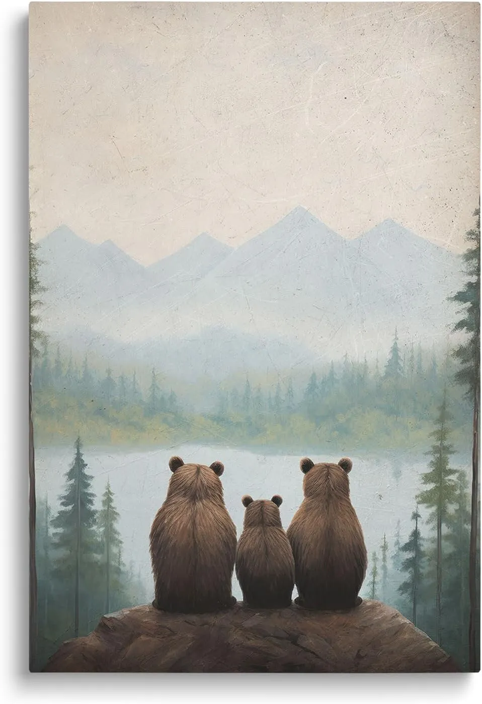 Rustic Bear Family Canvas Wall Art, Forest Animal Print, Woodland Nursery Wall Decor, Landscape Toddler Room Decor for Boy's Bedroom, Baby Girl's Room, Framed 12"x16"