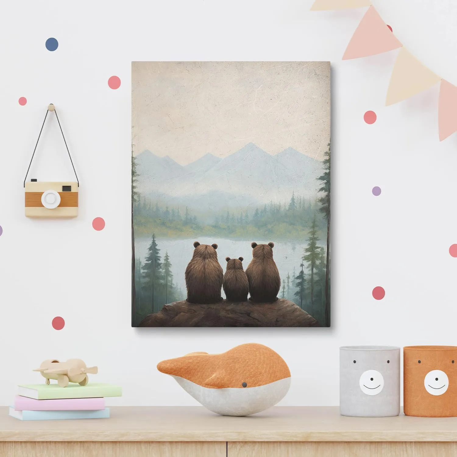 Rustic Bear Family Canvas Wall Art, Forest Animal Print, Woodland Nursery Wall Decor, Landscape Toddler Room Decor for Boy's Bedroom, Baby Girl's Room, Framed 12"x16"
