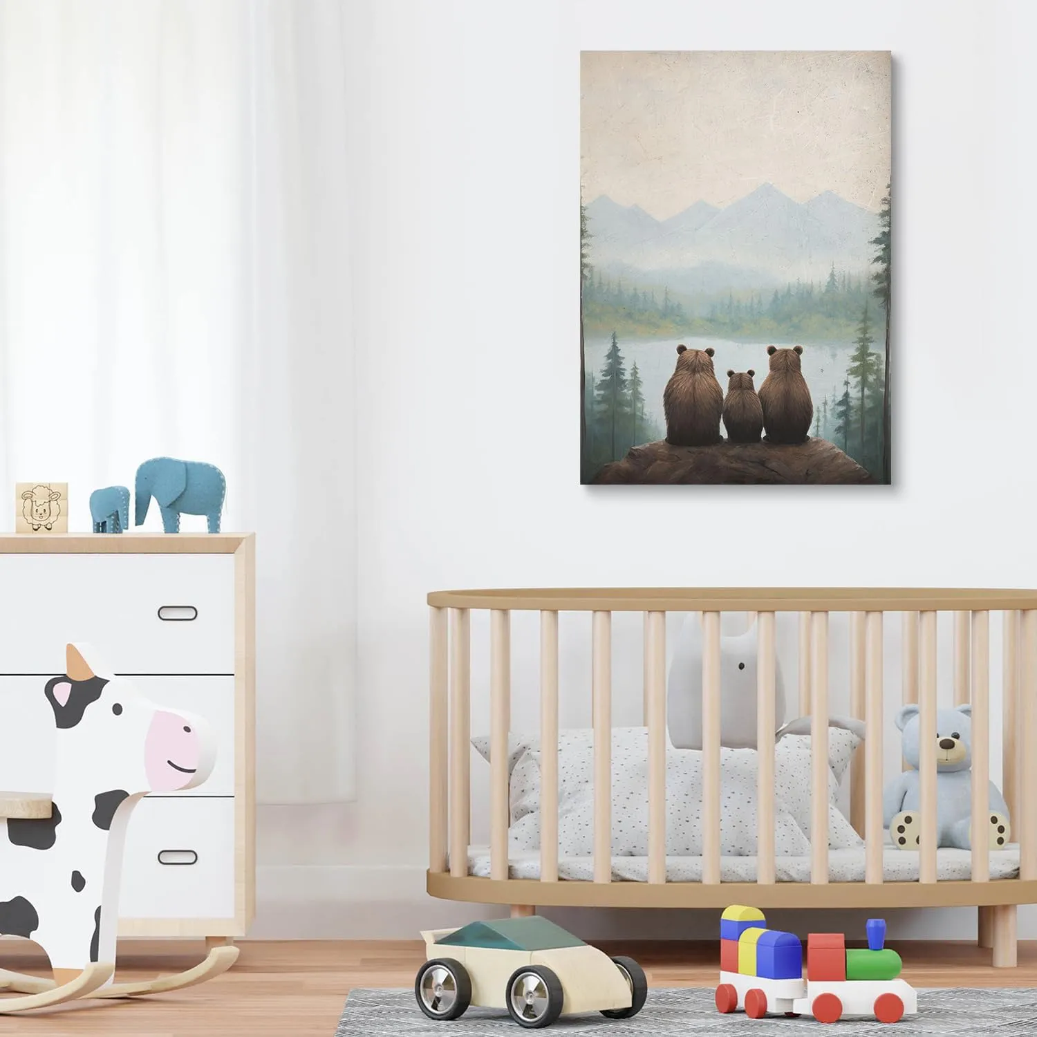 Rustic Bear Family Canvas Wall Art, Forest Animal Print, Woodland Nursery Wall Decor, Landscape Toddler Room Decor for Boy's Bedroom, Baby Girl's Room, Framed 12"x16"