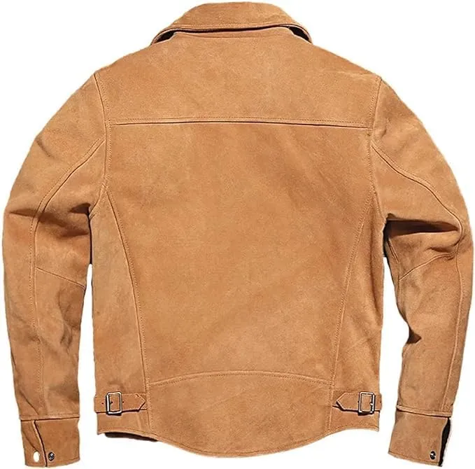 Rustic Roadster Vintage Brown Genuine Suede Leather Moto Jacket: Classic Biker Style with Turn-Down Collar