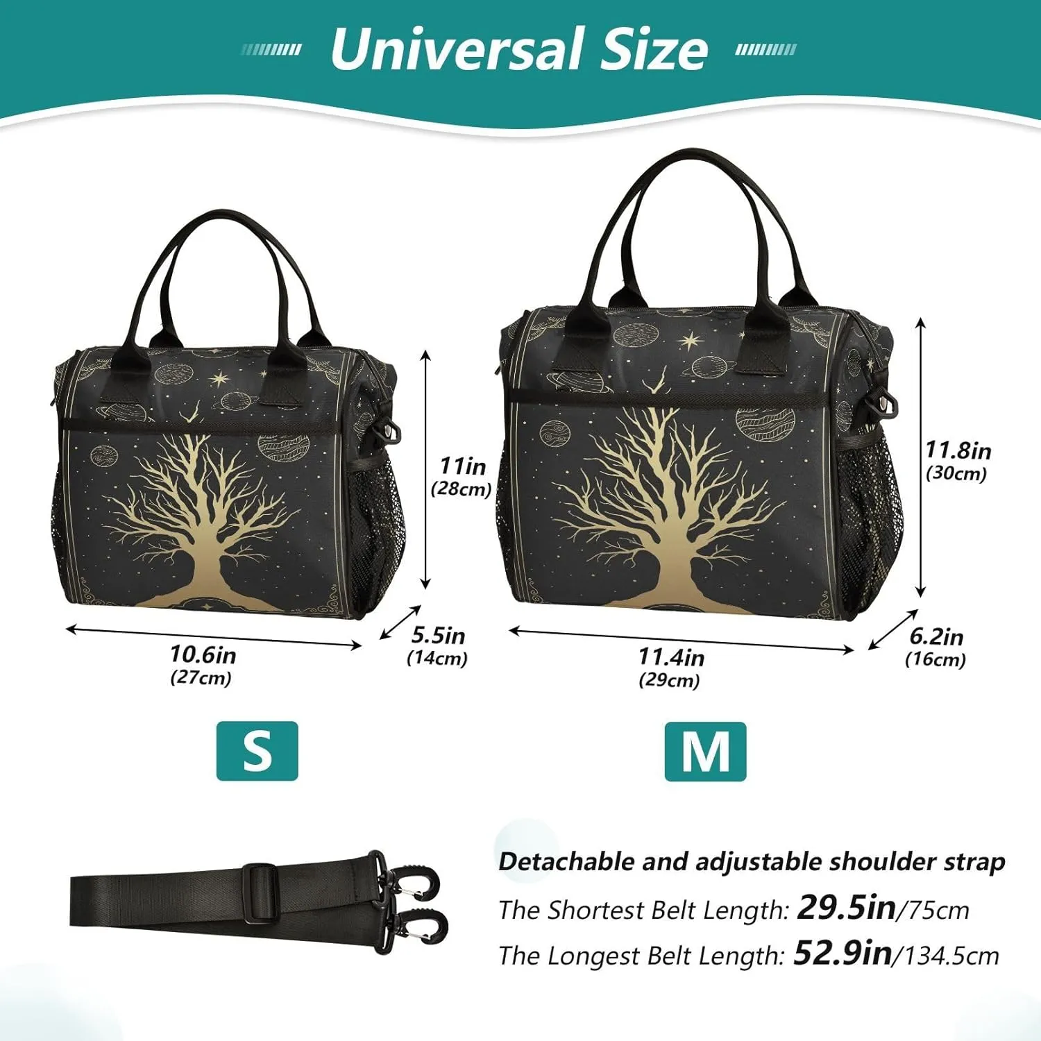 Sacred-tree-night-skys2 Insulated Cooler Lunch Bag for Women Men, Reusable Lunch Tote Bag with Adjustable Shoulder Belt for Travel Picnic Working,S