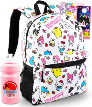 Sanrio Backpack Featuring Tuxedo Sam, My Melody, Badtz-Maru - Bundle with 16” White Sanrio School Backpack Plus Water Bottle, Tattoos, More | Hello Kitty and Friends School Bag